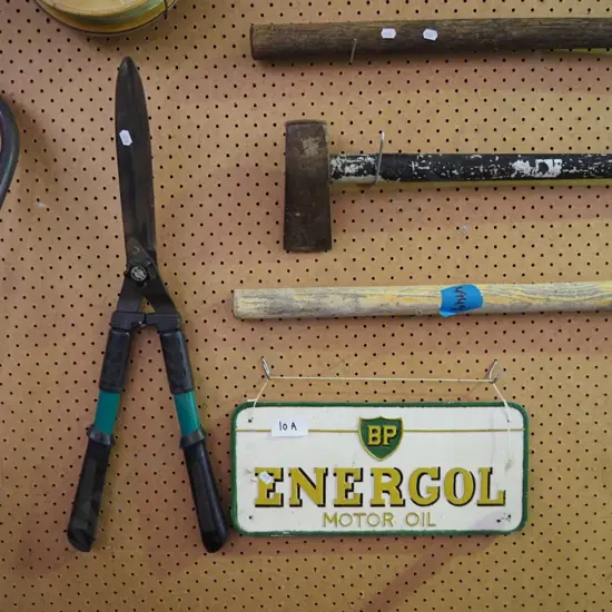 BP Energol sign and hedge trimmers