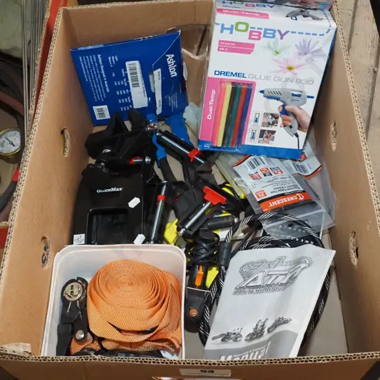 box: Dremel glue gun, hobby vices, load strops etc
