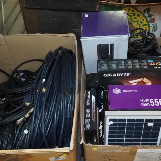 2 boxes; solar panel, Kinect box, audio and computer cabling - yellow dots