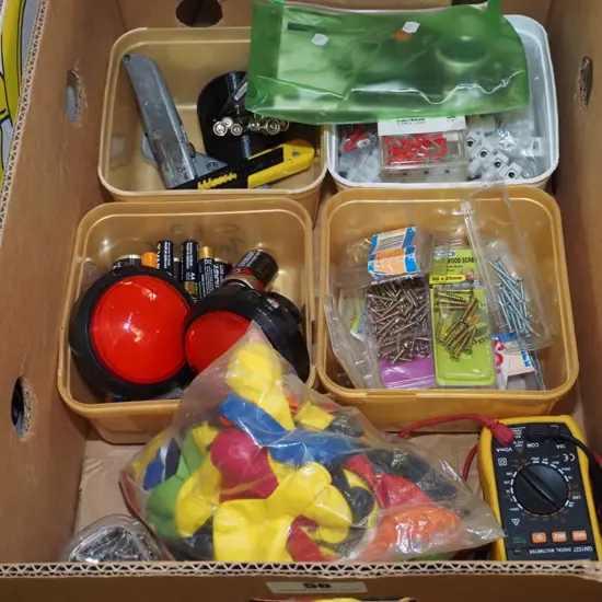 box; batteries, electrical tester, screws etc