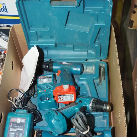 box; battery drills, torch, charger