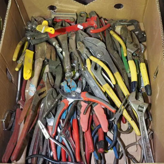 box; tin snips, crescents, pliers etc