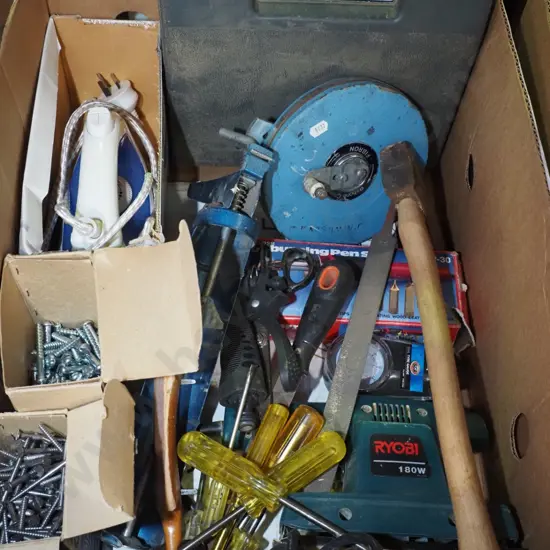 box; screws, iron, hatchet etc