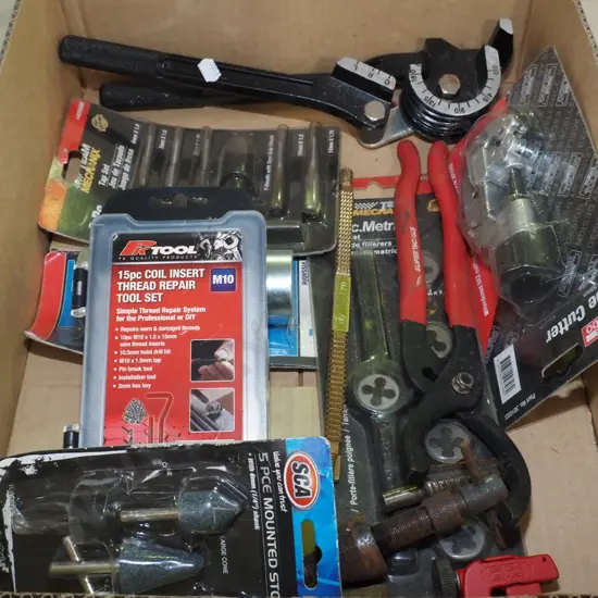 box; tap set, small pipe bender, thread repair kit etc