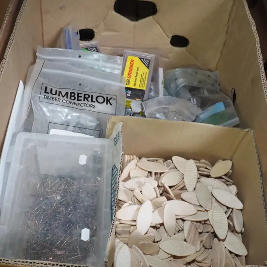 box of fasteners, joiners biscuits