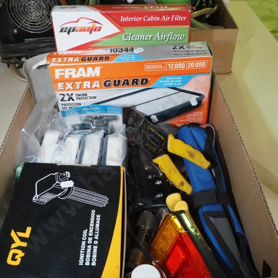 box; automotive filters, tin snips, wire strippers etc