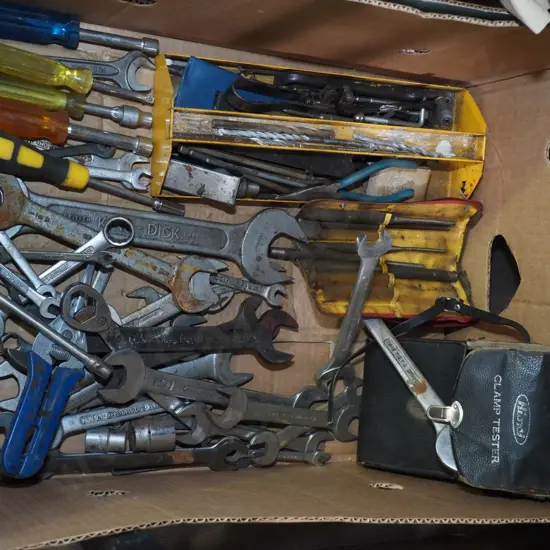 box; screwdrivers, spanners, clamp tester
