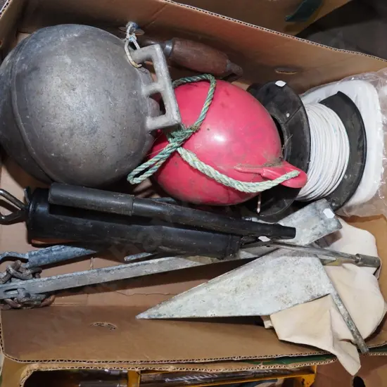 box; grease gun, anchor, fishing bouys etc