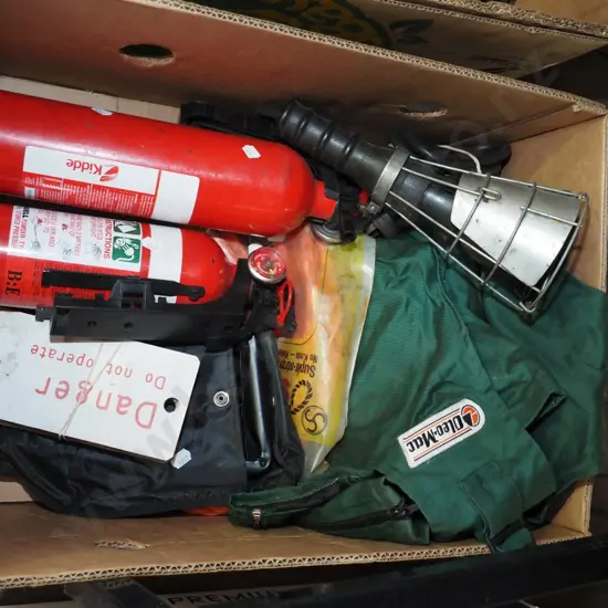 box; trouble light, chainsaw chaps, fire extinguishers etc