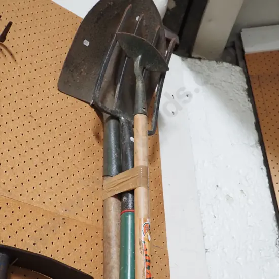shovel, fork, garden hoe