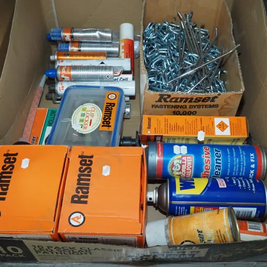 box; strapping hooks, Ramset nails, dyna bolts etc