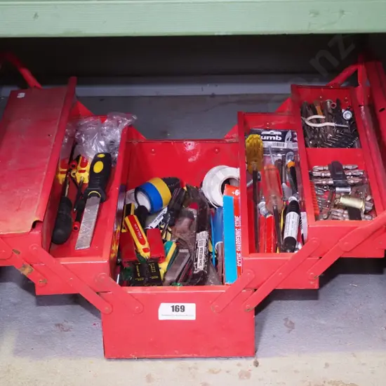 concertina tool box; drill driver, wire strippers etc