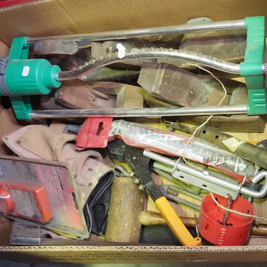 box; wooden hand planes, garden sprinkler, builders belt etc