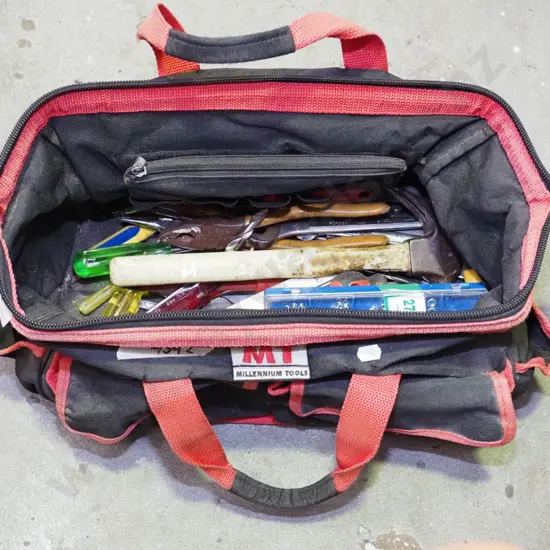 canvas tool bag; hammer, ring spanner, screw drivers etc