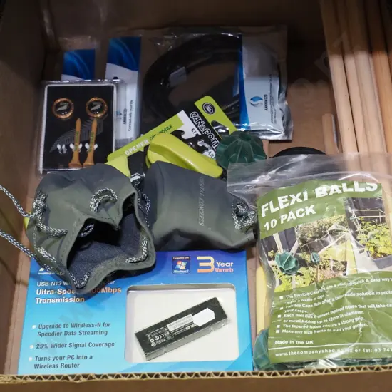 box; garden frames, can opener, cables etc