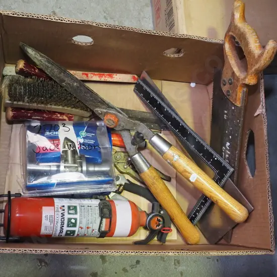box; hand saw, builder's square, edge clippers etc