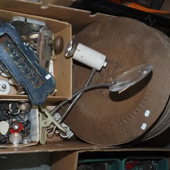 box; cupboard hardware, cast iron letter flap, door hardware, pressed wood dining chair seats