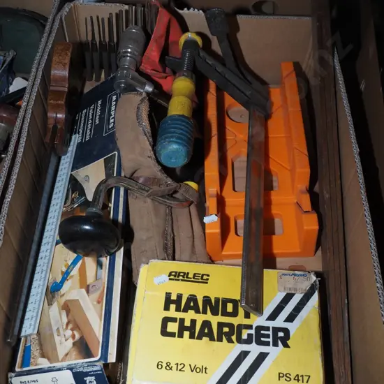 box; hand saw, hold fast clamp, auger brace and bits etc