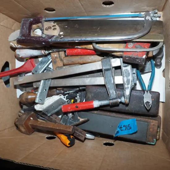 box; F clamps, sharpening stones, screwdrivers etc