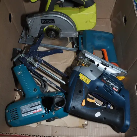 box; jigsaw, stapler, drill, Ryobi skilsaw - no battery