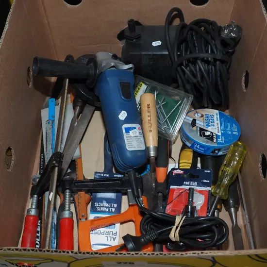 box; angle grinder, fountain pump, chisels etc