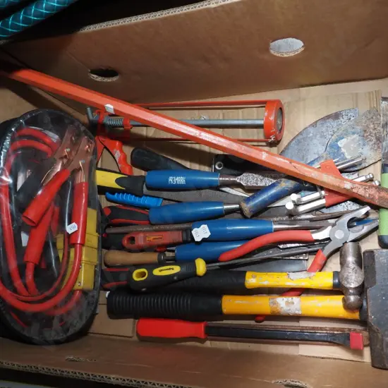 box; jump starter kit, hammers, chisels etc