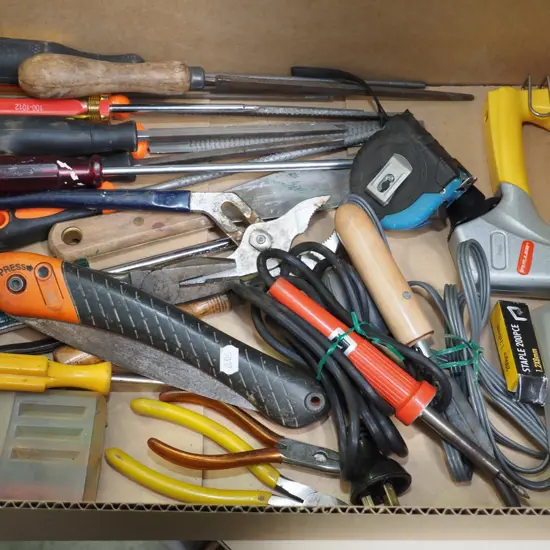 box; stapler, pruning saw, files etc