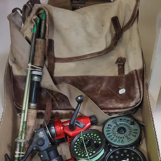 box; fishing reels, rod, bag
