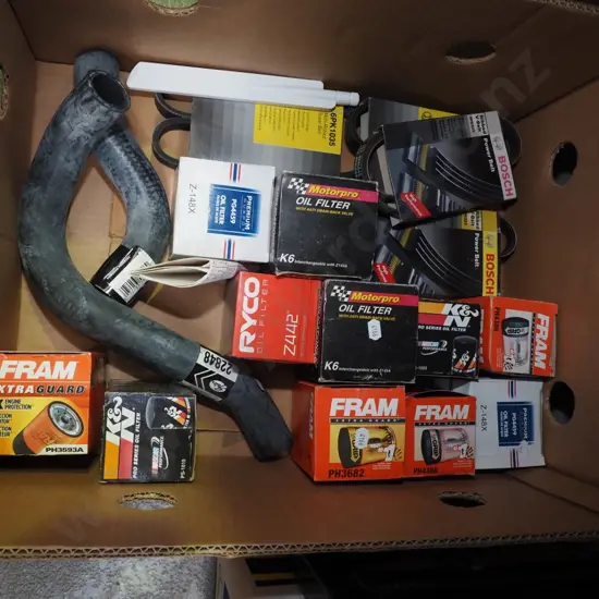 box; oil filters, power belts etc