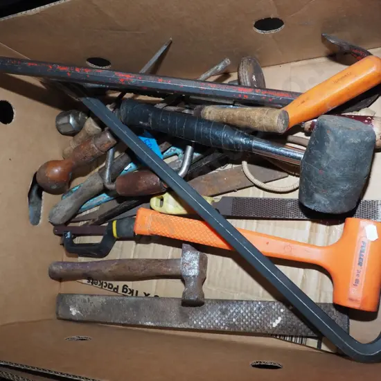 box; wrecking bars, mallets, screwdrivers etc