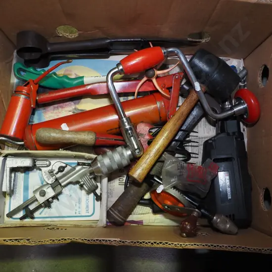 box; builder's drill brace, drill, sharpening stone, grease gun etc