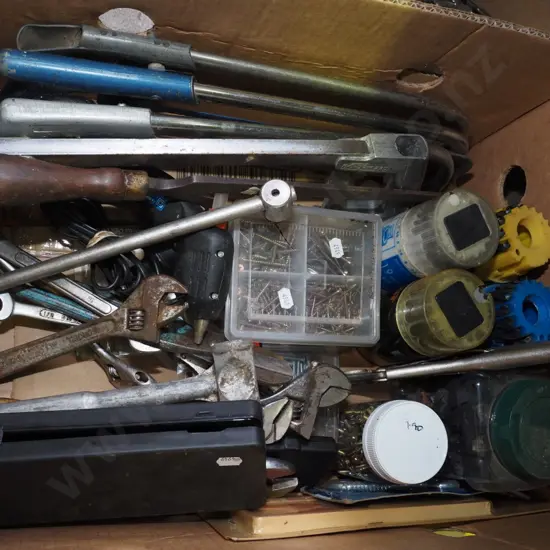 box; drill bits, crescents, hacksaws etc