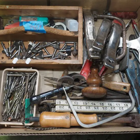 box; drill bits, clamps etc