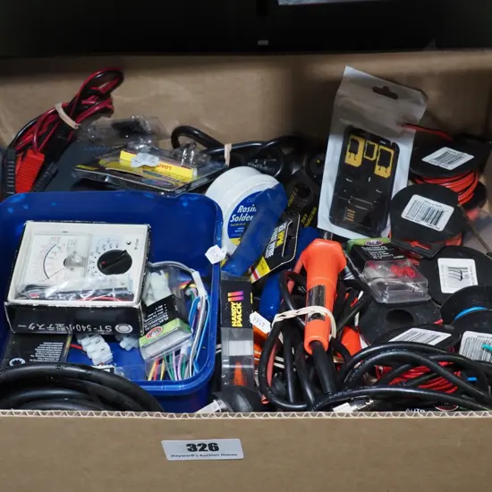 box; soldering iron, auto cables, testers etc