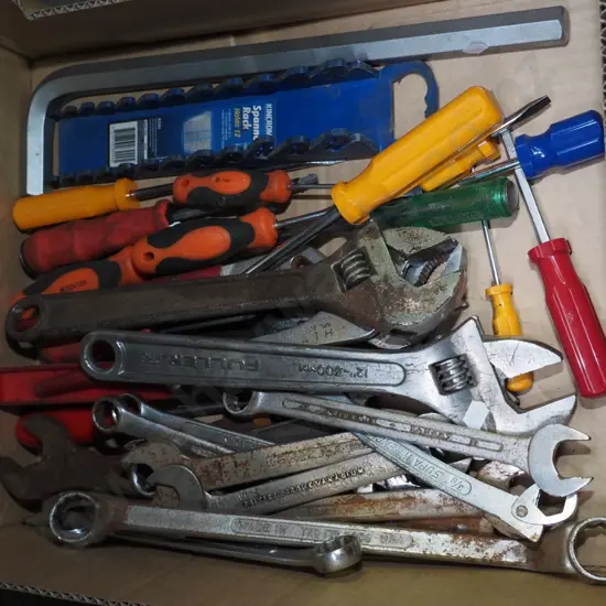 box; spanners, crescents, screwdrivers etc