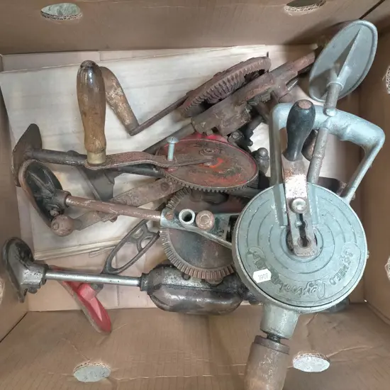 box of rusty egg beater drills etc