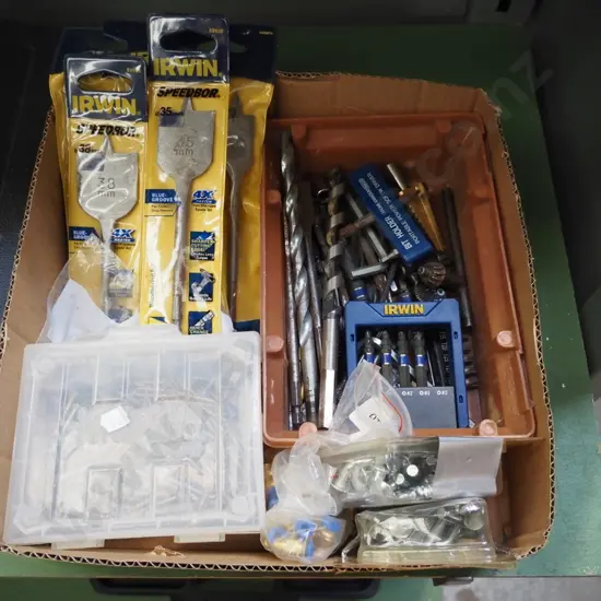 box; various drill bits, safety pins