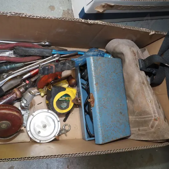 box; tape measures, egg beater drill, riveter etc