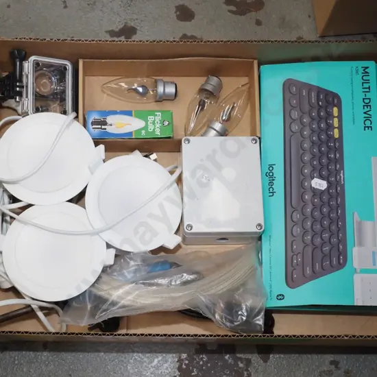 box; Logitec keyboard, lights, Go-Pro camera case etc