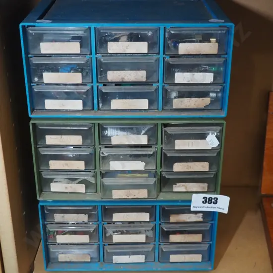 plastic storage box with drawers filled with electrical allsorts