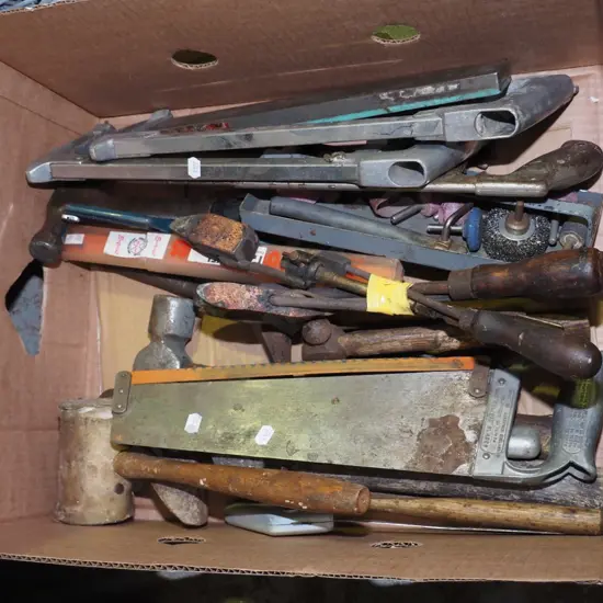 box; hack saws, hammers, soldering irons etc