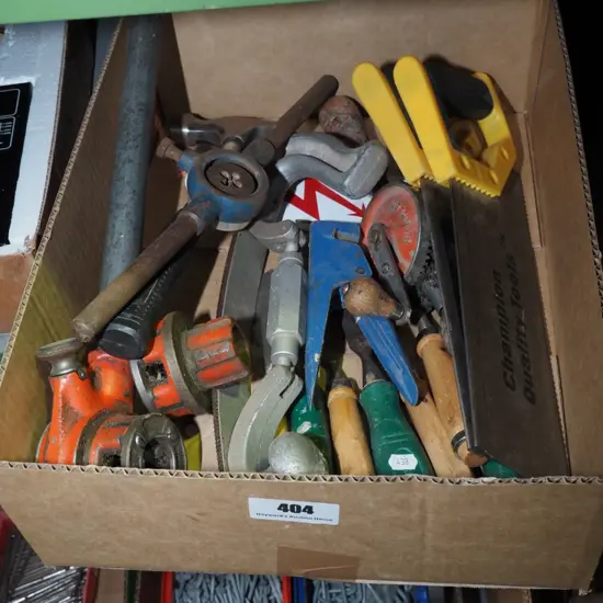 box; hand saws, egg beater dill etc