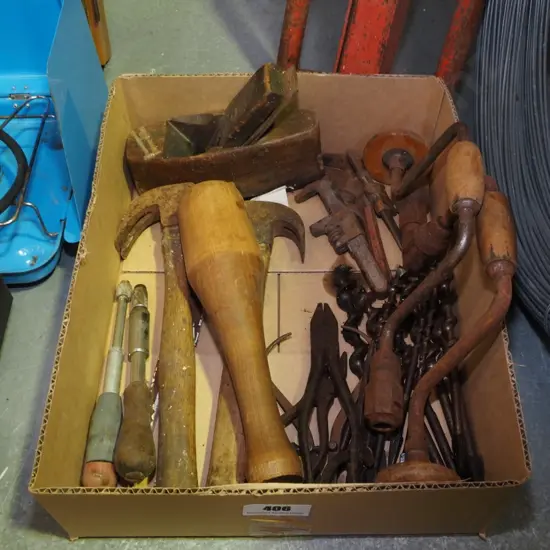 box of vintage hand tools