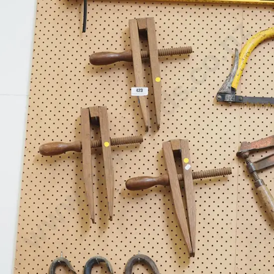 3 wooden clamps - yellow dots