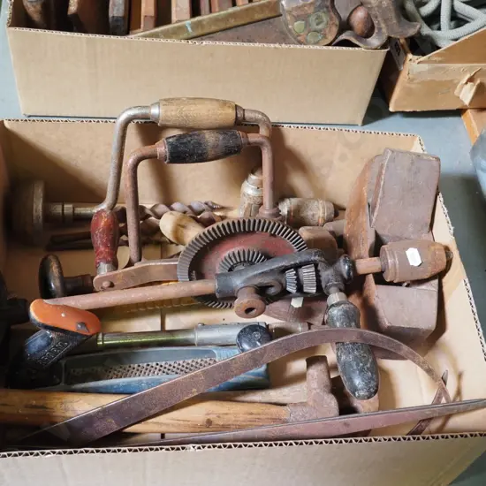 box of vintage hand tools
