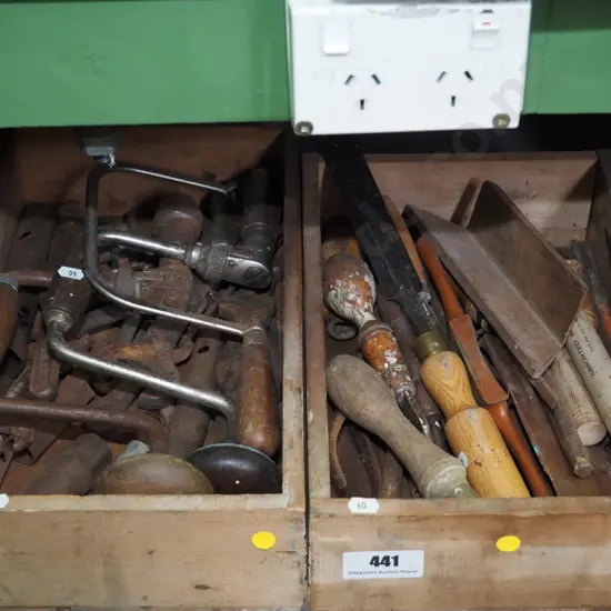 2 wooden boxes of hand tools -yellow dots