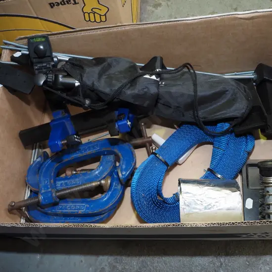 box; G clamps, load strops, camera tripod etc