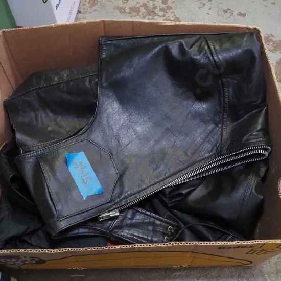 box; motorcycle leathers, pants, vest, chaps