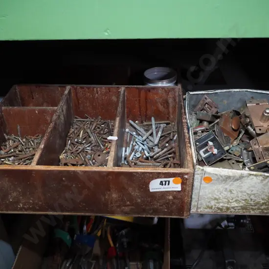 wooden tray of various screws, cupboard door latches - orange dots