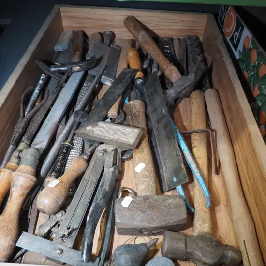 box; wooden tray, hand tools, tin snips, files etc